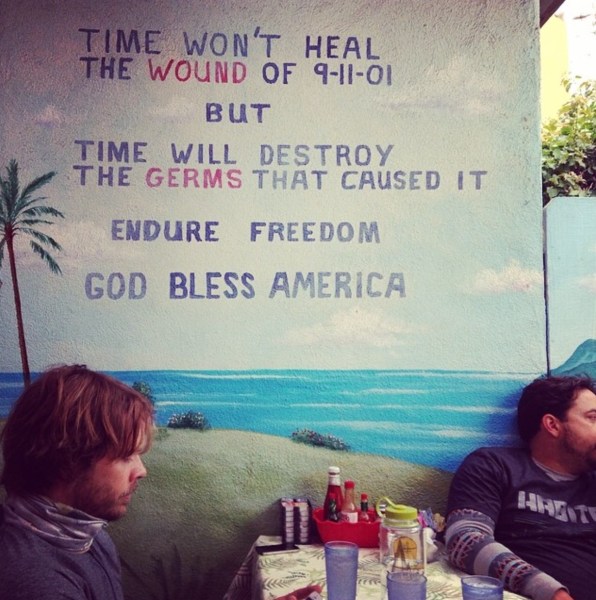 @ericcolsen: Breakfast with a side of patriotism. #prohibitiontour2014 #triumphamerica #yurtvillage #icon1000 #oakleyentertainment