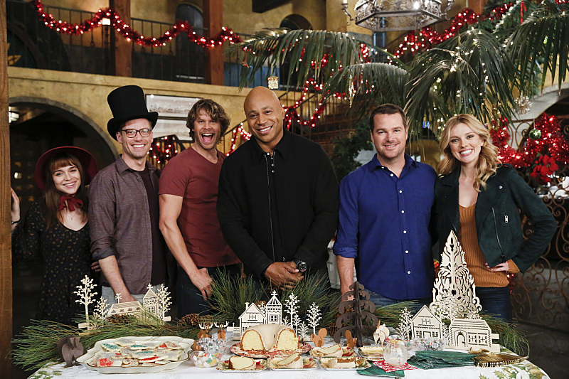 "Tidings We Bring" -- Pictured Behind the Scenes: Renée Felice Smith (Intelligence Analyst Nell Jones), Barrett Foa (Tech Operator Eric Beale), Eric Christian Olsen (LAPD Liaison Marty Deeks), LL COOL J (Special Agent Sam Hanna), Chris O'Donnell (Special Agent G. Callen) and Bar Paly (Anna Kolcheck). Sam partners with Anna (Bar Paly) and Callen with Deeks as the team investigates the disappearance of a Navy Lieutenant Commander who is working with the NSA on foreign cyber threats. Also, the team celebrates the holidays together on NCIS: LOS ANGELES, Sunday, Dec. 18 (8:30-9:30 PM, ET/8:00-9:00 PM, PT), on the CBS Television Network. Photo: Cliff Lipson/CBS é2016 CBS Broadcasting, Inc. All Rights Reserved.